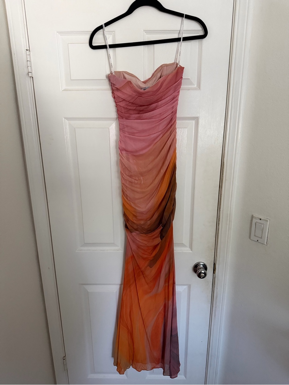 Retrofete Pink-to-Orange Ombre Ruched Maxi Dress